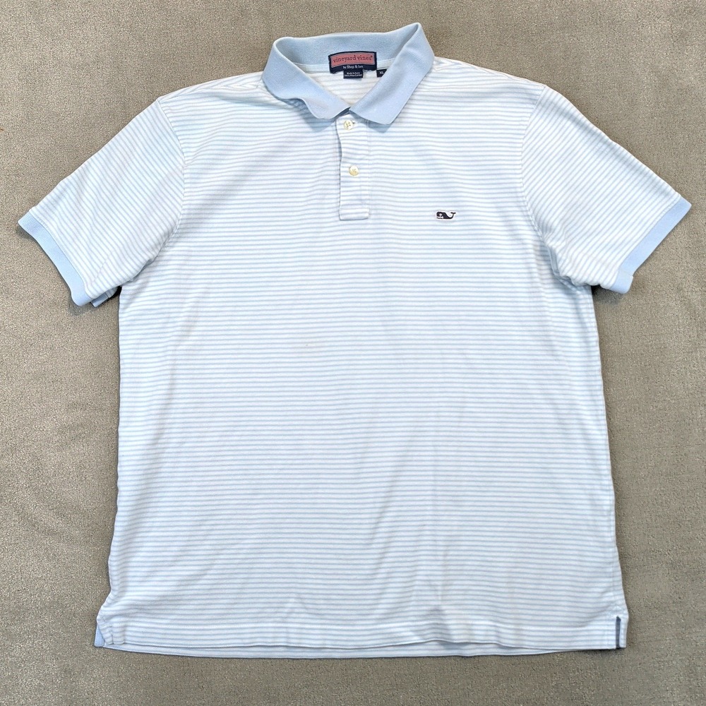 Vineyard Vines Polo Shirt Mens XL Blue White Striped Pima Cotton Whale Logo